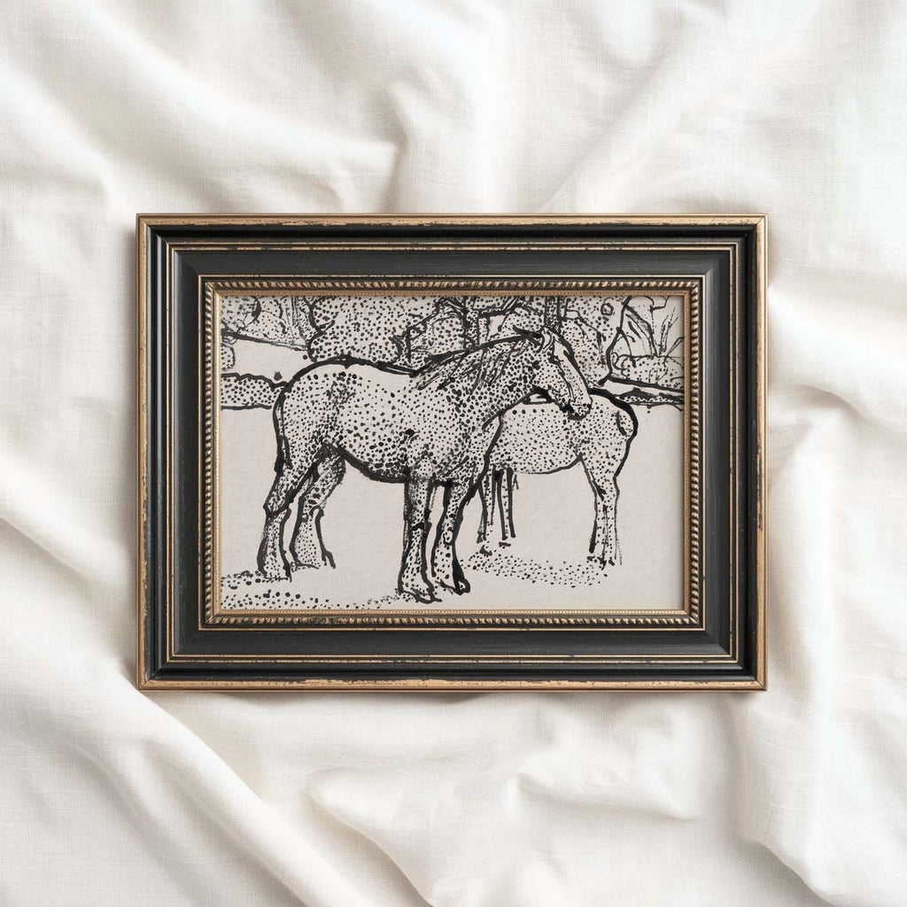 Spotted Horses in Paddock Ink Drawing Wall Art Printable – Vintage Equestrian Sketch Print