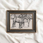 Spotted Horses in Paddock Ink Drawing Wall Art Printable – Vintage Equestrian Sketch Print