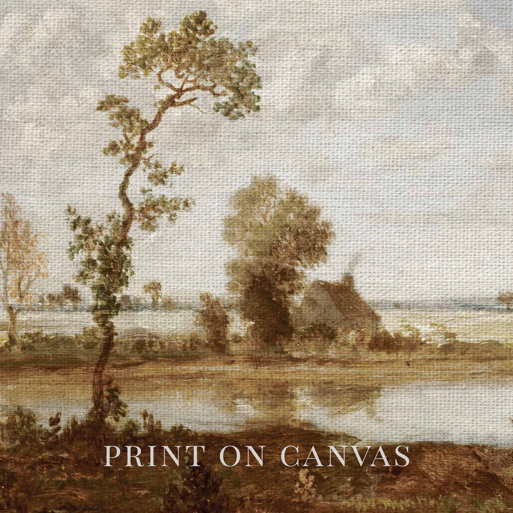 Neutral fall landscape printable wall art showing a peaceful lake scene in muted earthy colors.