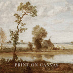 Neutral fall landscape printable wall art showing a peaceful lake scene in muted earthy colors.