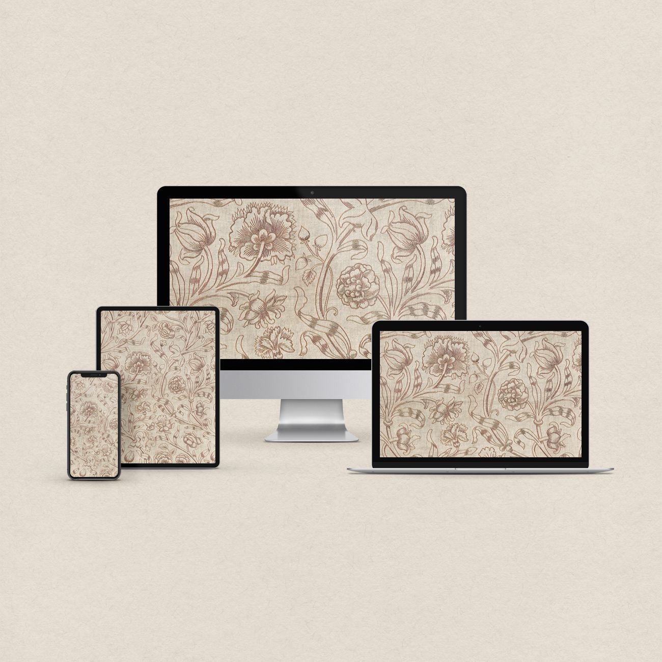 Neutral taupe floral desktop wallpaper with vintage boho pattern and matching phone, iPad and MacBook wallpapers