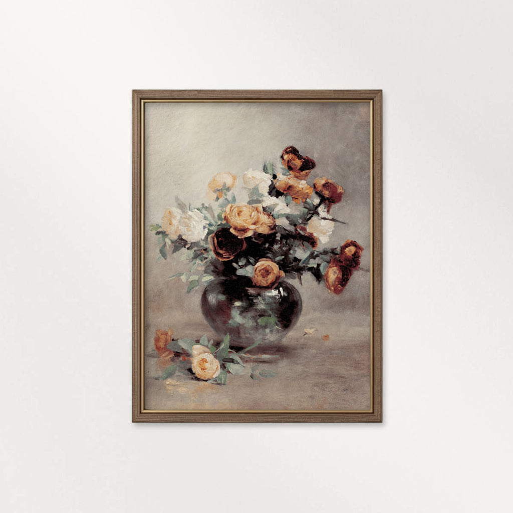 French Cottage Grey Rose Still Life Wall Art Printable (Digital Download) — Parisian Farmhouse Vertical Oil Painting