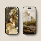 Neutral nature aesthetic iPhone wallpapers featuring painterly trees, rocky countryside and muted vintage landscapes