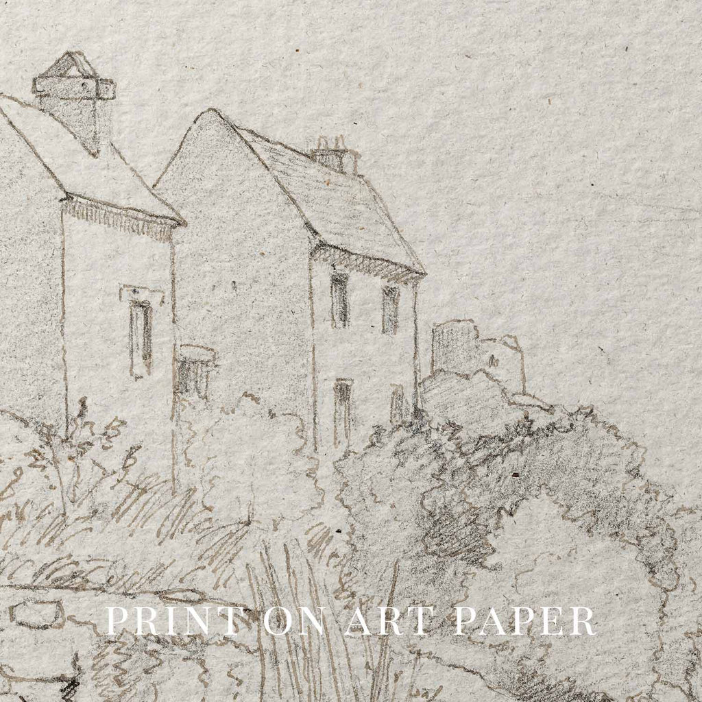 Vintage Rustic Cottage Pencil Sketch Wall Art Printable – Neutral Farmhouse Illustration Print