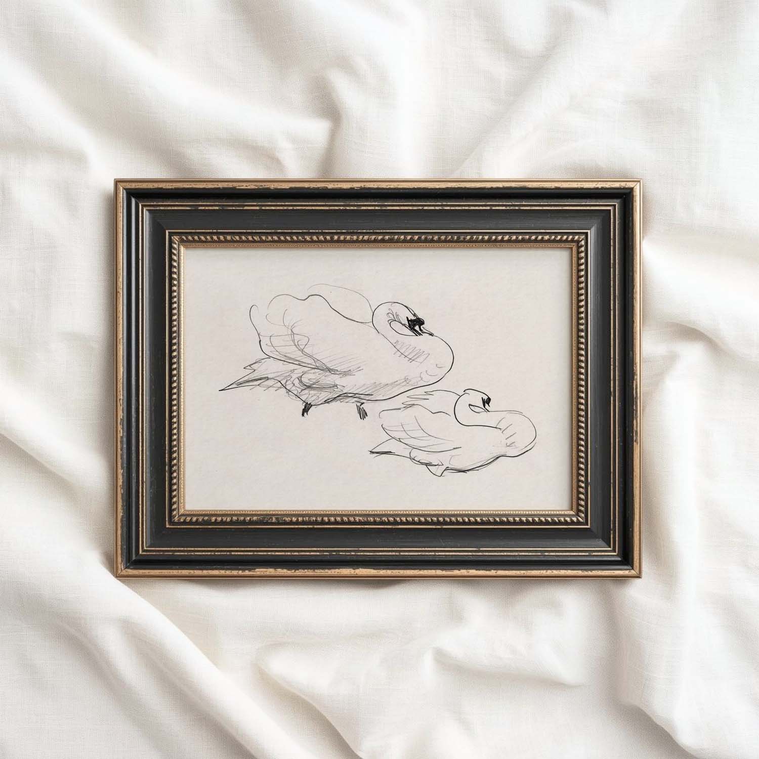 Vintage Swan Wall Art Printable | Neutral Romantic Pencil Sketch Bird Drawing