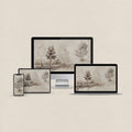 Neutral tree desktop wallpaper featuring an antique landscape etching with matching phone, iPad and MacBook wallpapers