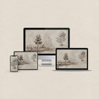 Neutral tree desktop wallpaper featuring an antique landscape etching with matching phone, iPad and MacBook wallpapers