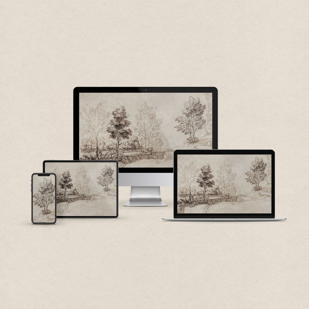Neutral tree desktop wallpaper featuring an antique landscape etching with matching phone, iPad and MacBook wallpapers