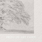 Horizontal Oak Tree Landscape Wall Art Printable | Antique Pencil Sketch Print