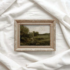 Olive green country wall art featuring an atmospheric vintage landscape painting