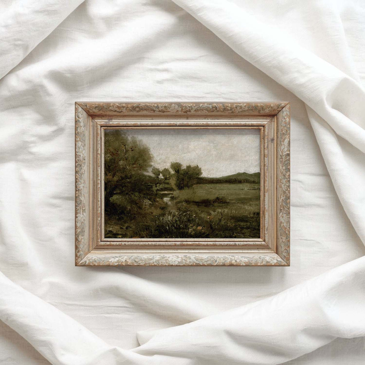 Olive green country wall art featuring an atmospheric vintage landscape painting