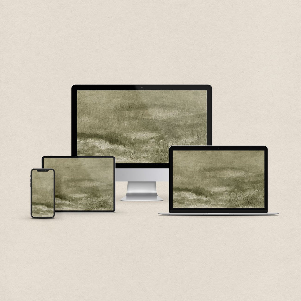 Olive green desktop wallpaper featuring a textured abstract artwork with matching phone, iPad and MacBook wallpapers