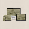 Olive green desktop wallpaper featuring a textured abstract artwork with matching phone, iPad and MacBook wallpapers