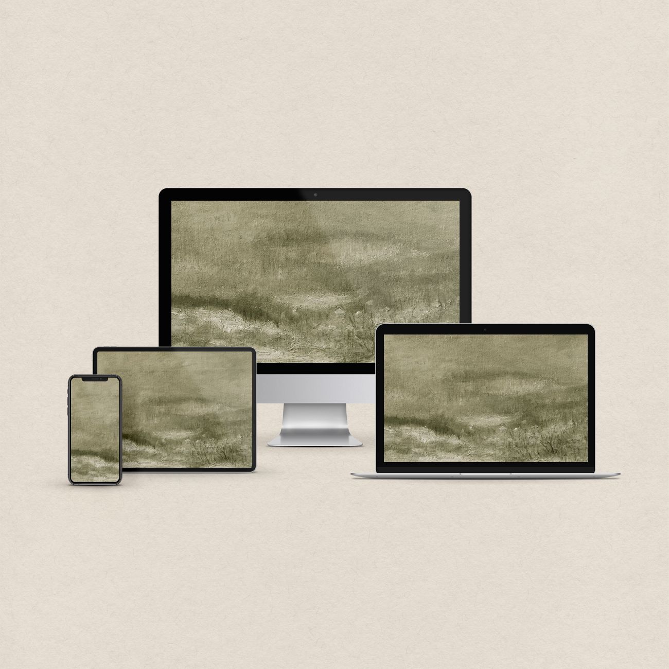 Olive green desktop wallpaper featuring a textured abstract artwork with matching phone, iPad and MacBook wallpapers