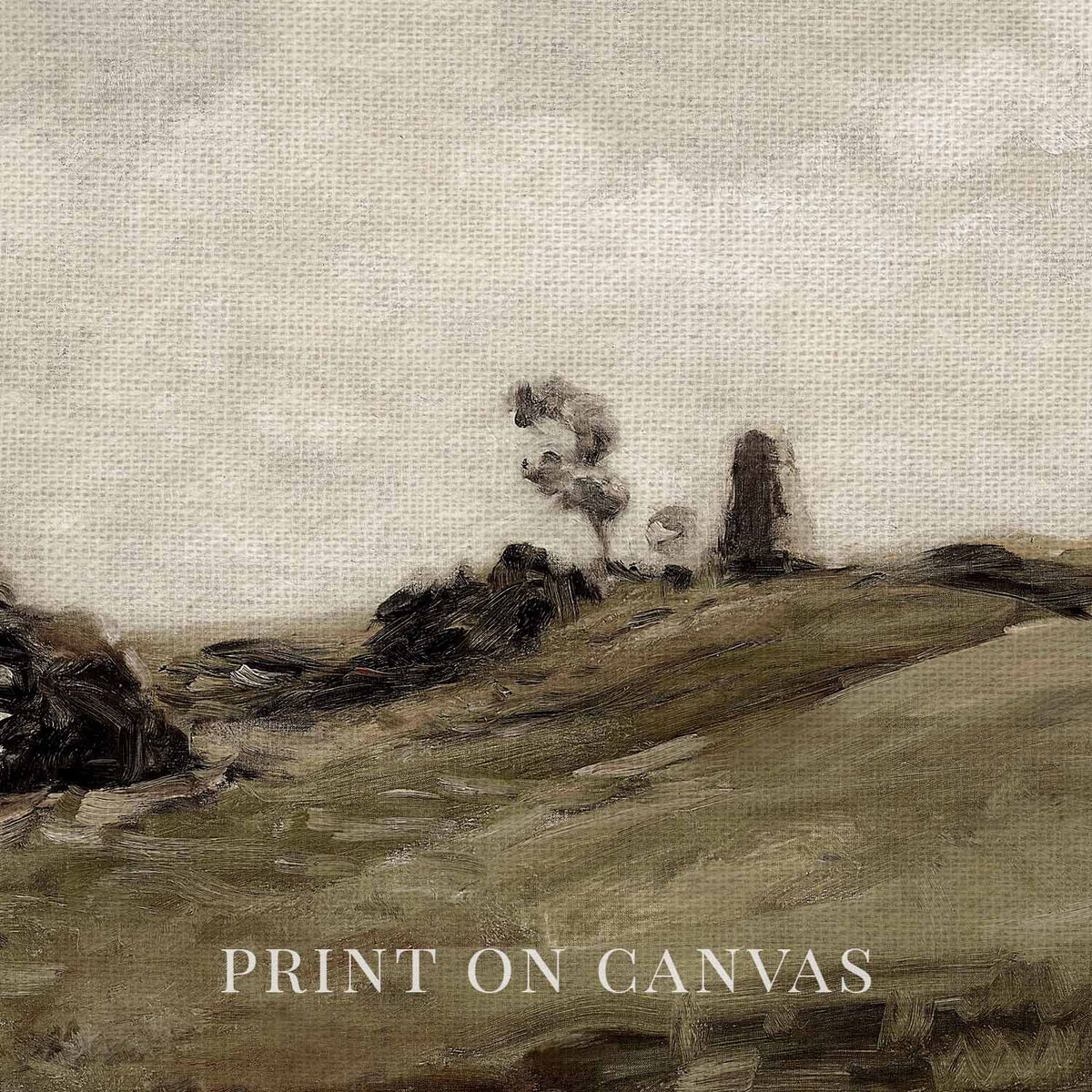 Close-up of olive green landscape artwork printed on textured canvas