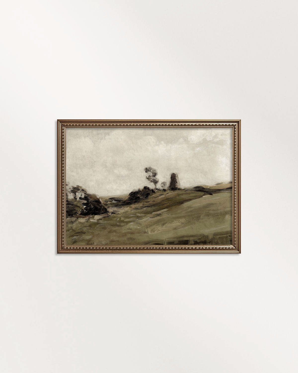 Olive green landscape wall art printable featuring rolling fields beneath a soft neutral sky