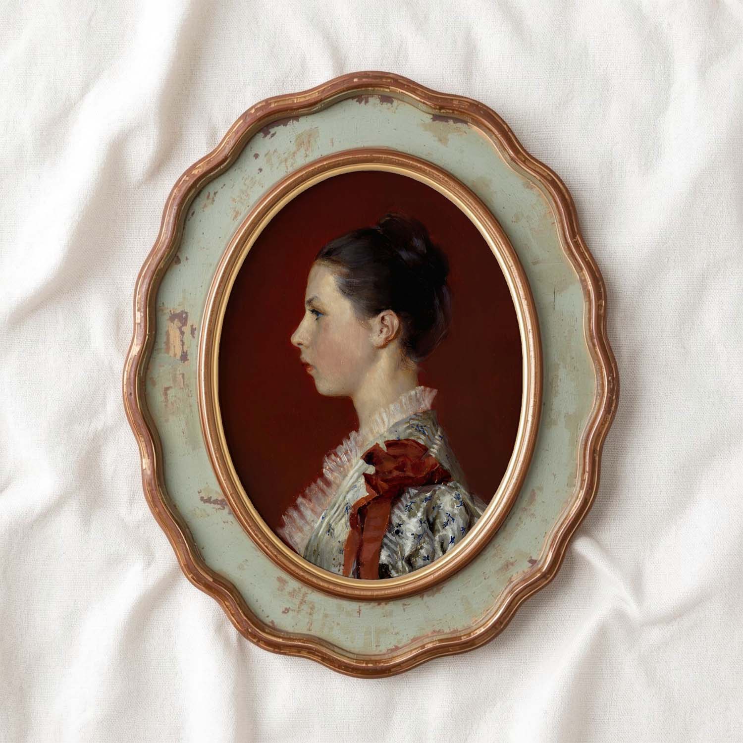 Oxblood Victorian Portrait Wall Art Printable | Dark Red Side Profile Woman Oil Painting (Digital Download)