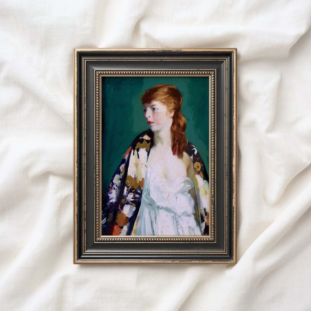 Parisian Vintage Portrait Wall Art Print – Emerald Green Fashion Oil Painting (Digital Download)