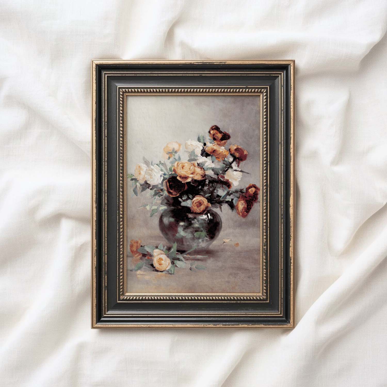 French Cottage Grey Rose Still Life Wall Art Printable (Digital Download) — Parisian Farmhouse Vertical Oil Painting