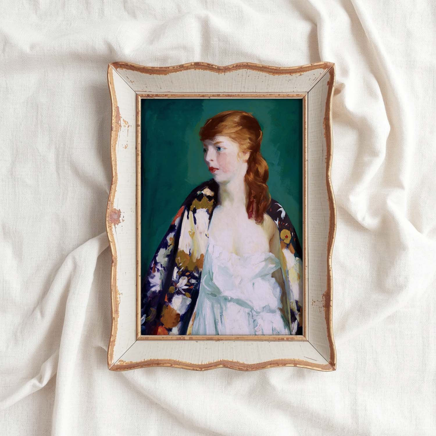Parisian Vintage Portrait Wall Art Print – Emerald Green Fashion Oil Painting (Digital Download)