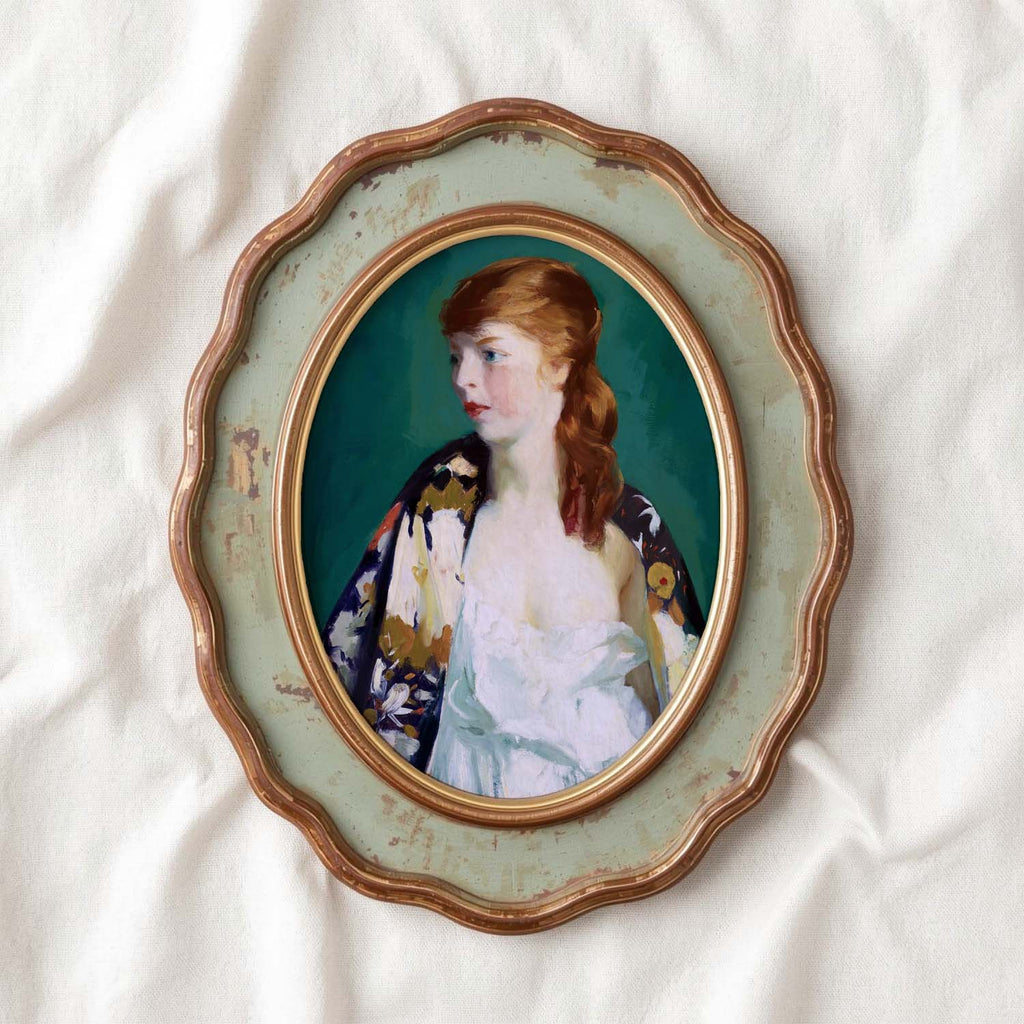 Parisian Vintage Portrait Wall Art Print – Emerald Green Fashion Oil Painting (Digital Download)