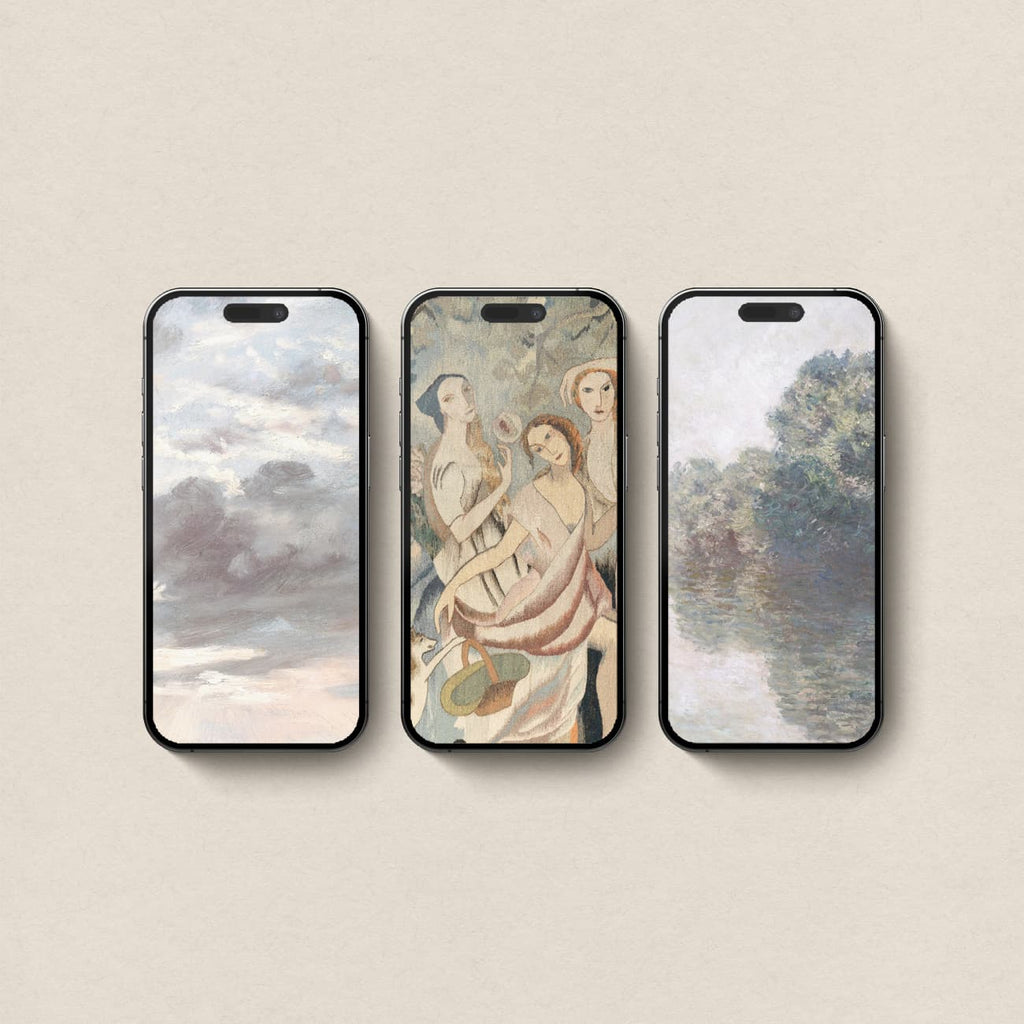 Pastel aesthetic iPhone wallpapers featuring three soft vintage artworks
