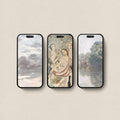 Pastel aesthetic iPhone wallpapers featuring three soft vintage artworks