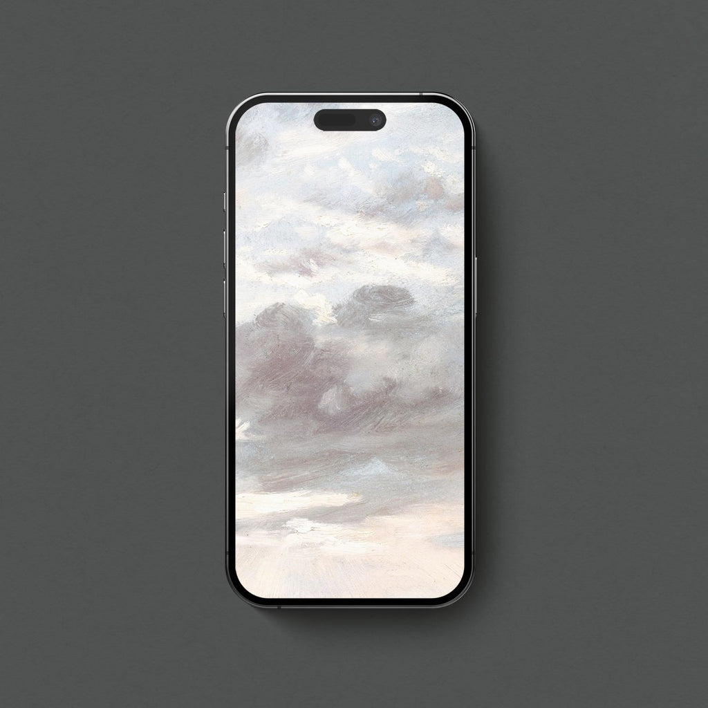 Pastel cloud aesthetic iPhone wallpaper with soft blue grey sky and dreamy vintage painting