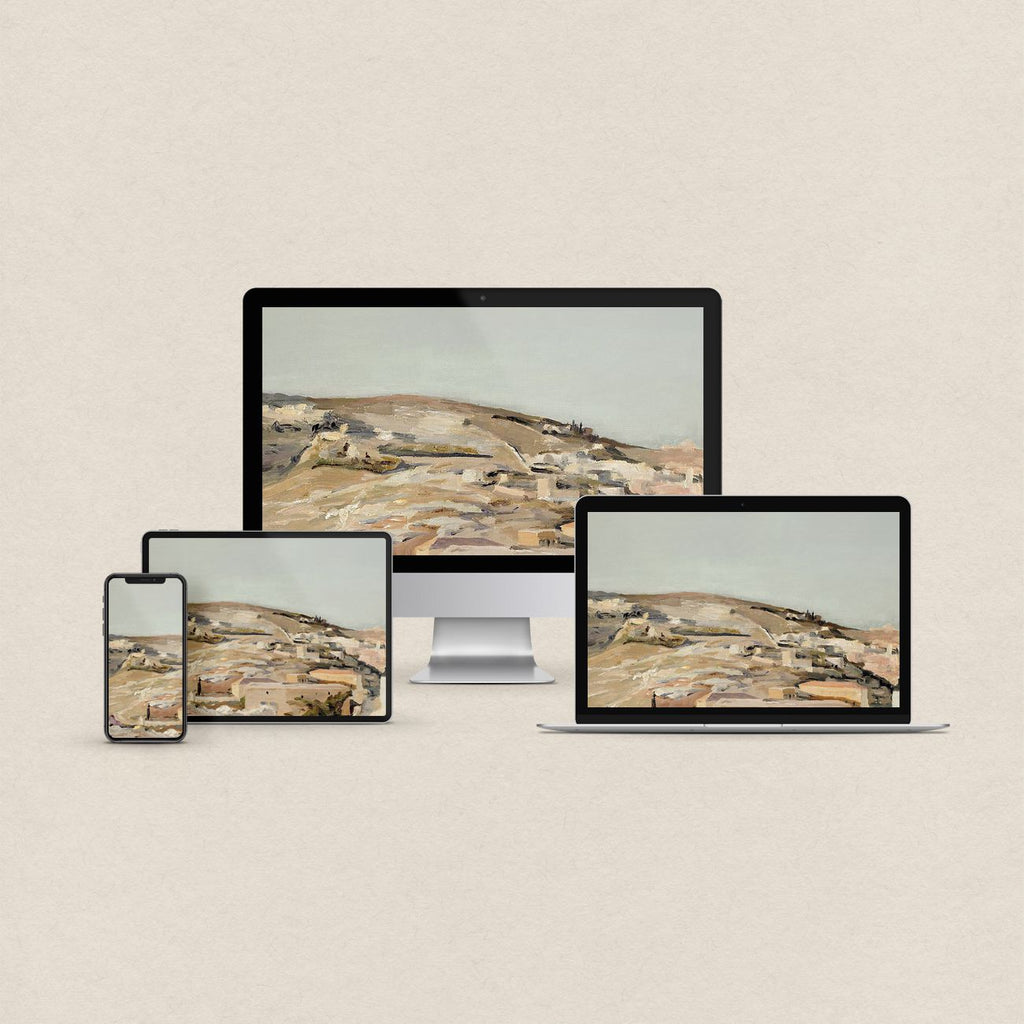 Pastel desktop wallpaper featuring a soft modern landscape in gentle muted colors with matching device wallpapers