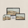 Pastel desktop wallpaper featuring a soft modern landscape in gentle muted colors with matching device wallpapers