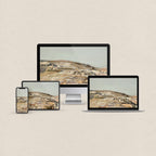 Pastel desktop wallpaper featuring a soft modern landscape in gentle muted colors with matching device wallpapers