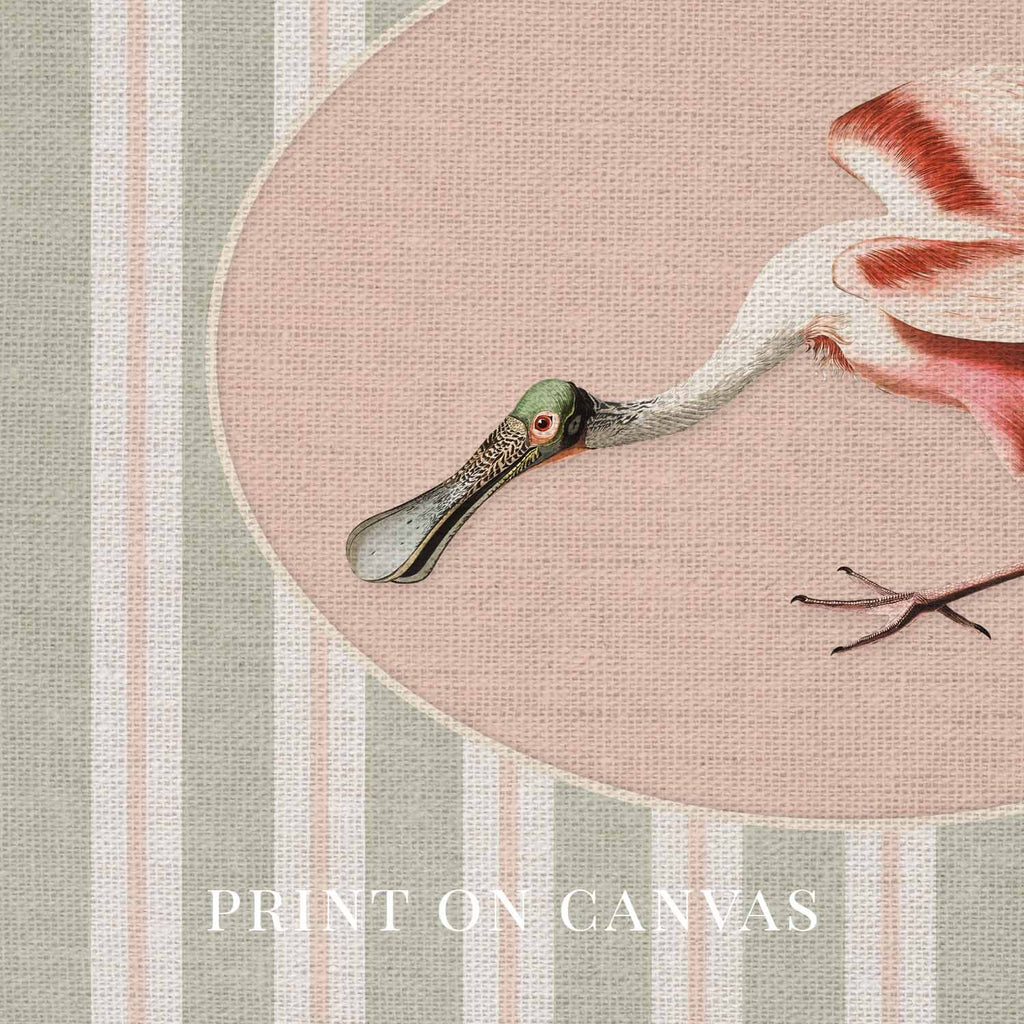Spoonbill Nursery Wall Art Printable (Digital Download) — Sage Green Blush Striped Storybook Bird Decor