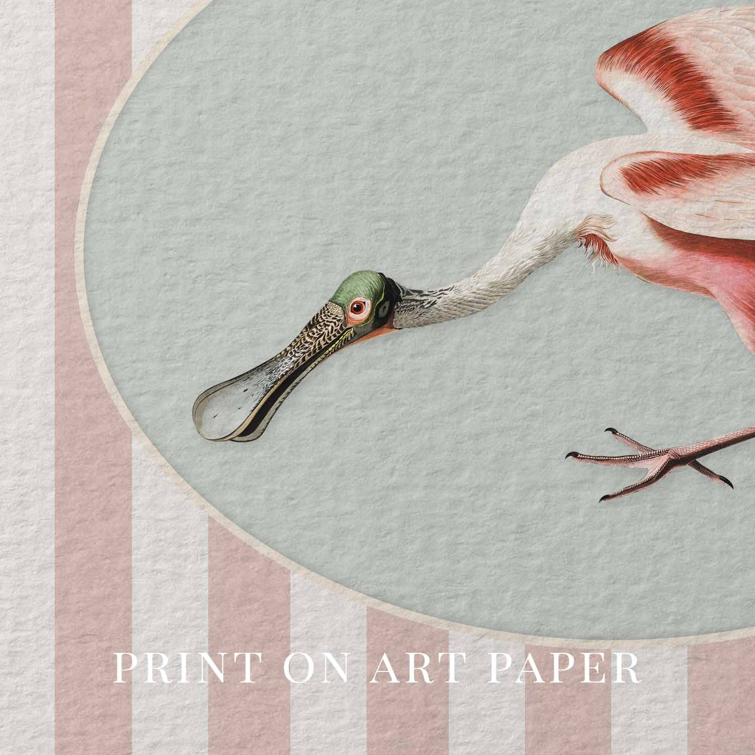 Spoonbill Nursery Wall Art Printable (Digital Download) — Pink Blue Striped Storybook Bird Decor