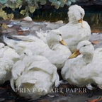Five White Ducks Bird Print Digital Download (Antique Farmhouse Oil Painting Wall Art)