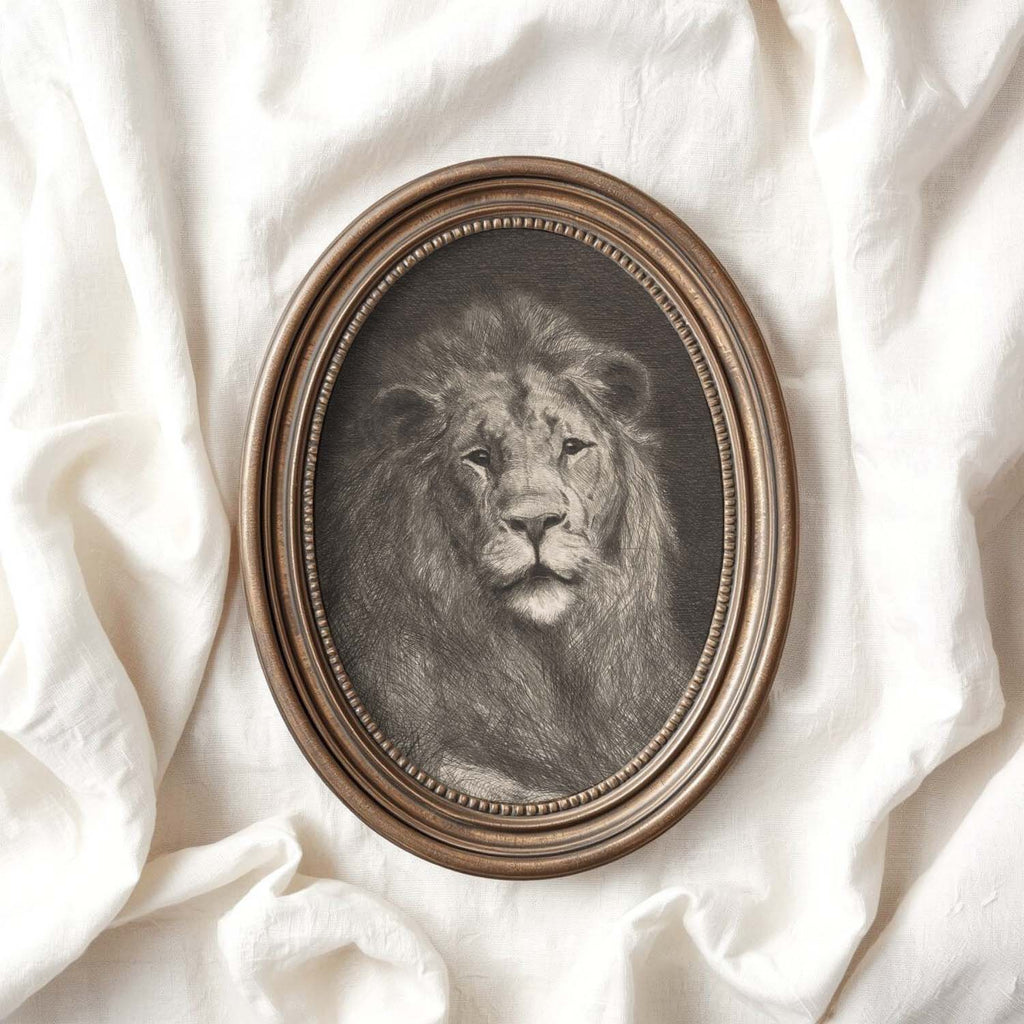 Pencil drawing lion artwork in neutral grey tones 