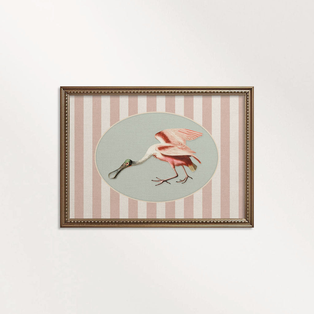 Pink and blue spoonbill print with striped storybook design for nursery wall art