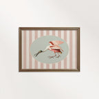 Pink and blue spoonbill print with striped storybook design for nursery wall art