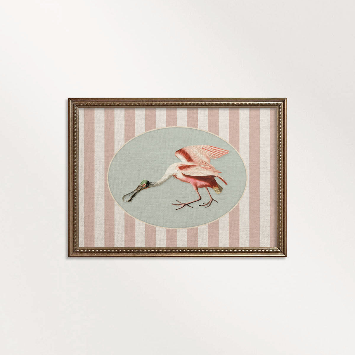 Pink and blue spoonbill print with striped storybook design for nursery wall art
