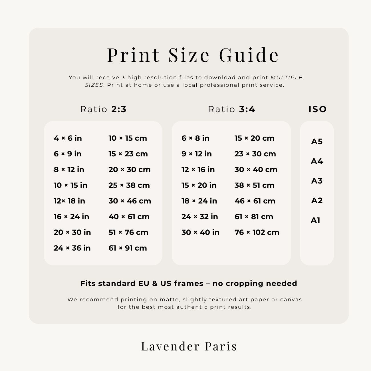 Print size guide with dimensions and corresponding ratios for various print sizes, branded as Lavender Paris.