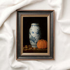 Moody Pumpkin Still Life Wall Art Printable – Vintage Delft Vase Autumn Print (Dark Academia)