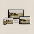 River landscape desktop wallpaper matching set displayed across desktop, MacBook, iPad and iPhone