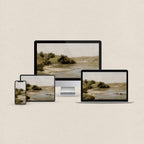 River landscape desktop wallpaper matching set displayed across desktop, MacBook, iPad and iPhone