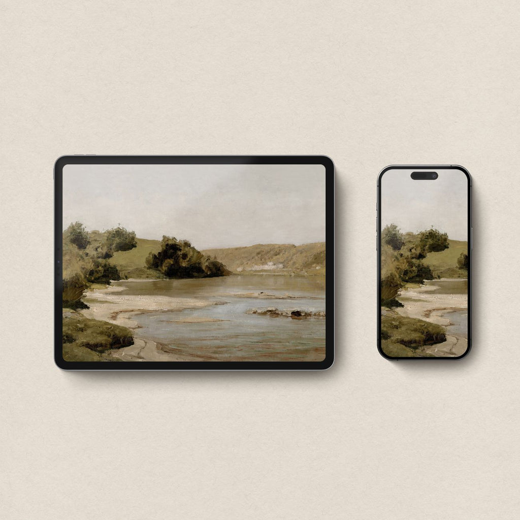 Matching vintage river landscape wallpapers displayed across iPad and iPhone screens