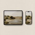 Matching vintage river landscape wallpapers displayed across iPad and iPhone screens