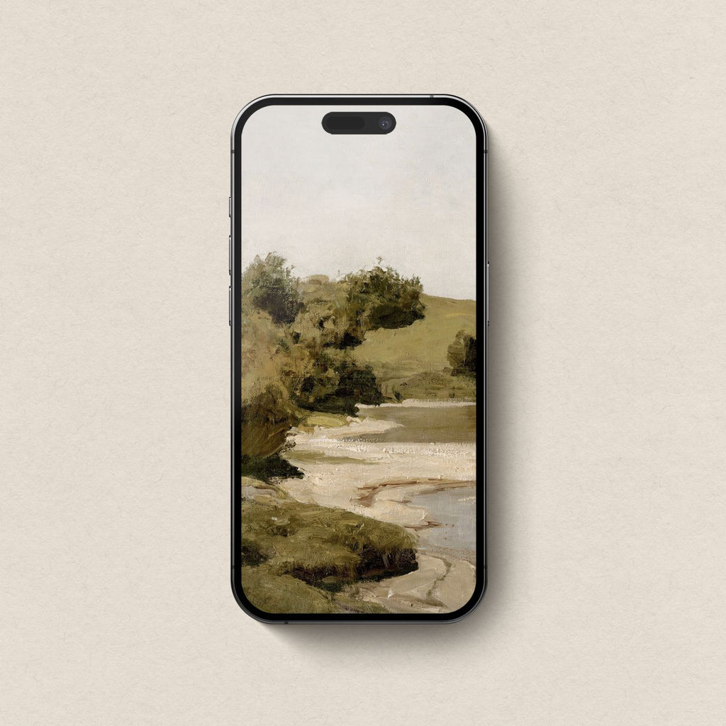 River landscape iPhone wallpaper featuring calm water and hills in olive green and warm neutral tones