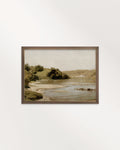 River landscape wall art printable featuring peaceful water, trees and rolling hills in warm earthy tones