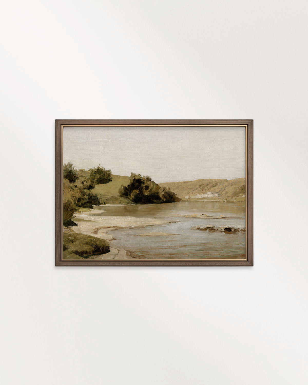 River landscape wall art printable featuring peaceful water, trees and rolling hills in warm earthy tones