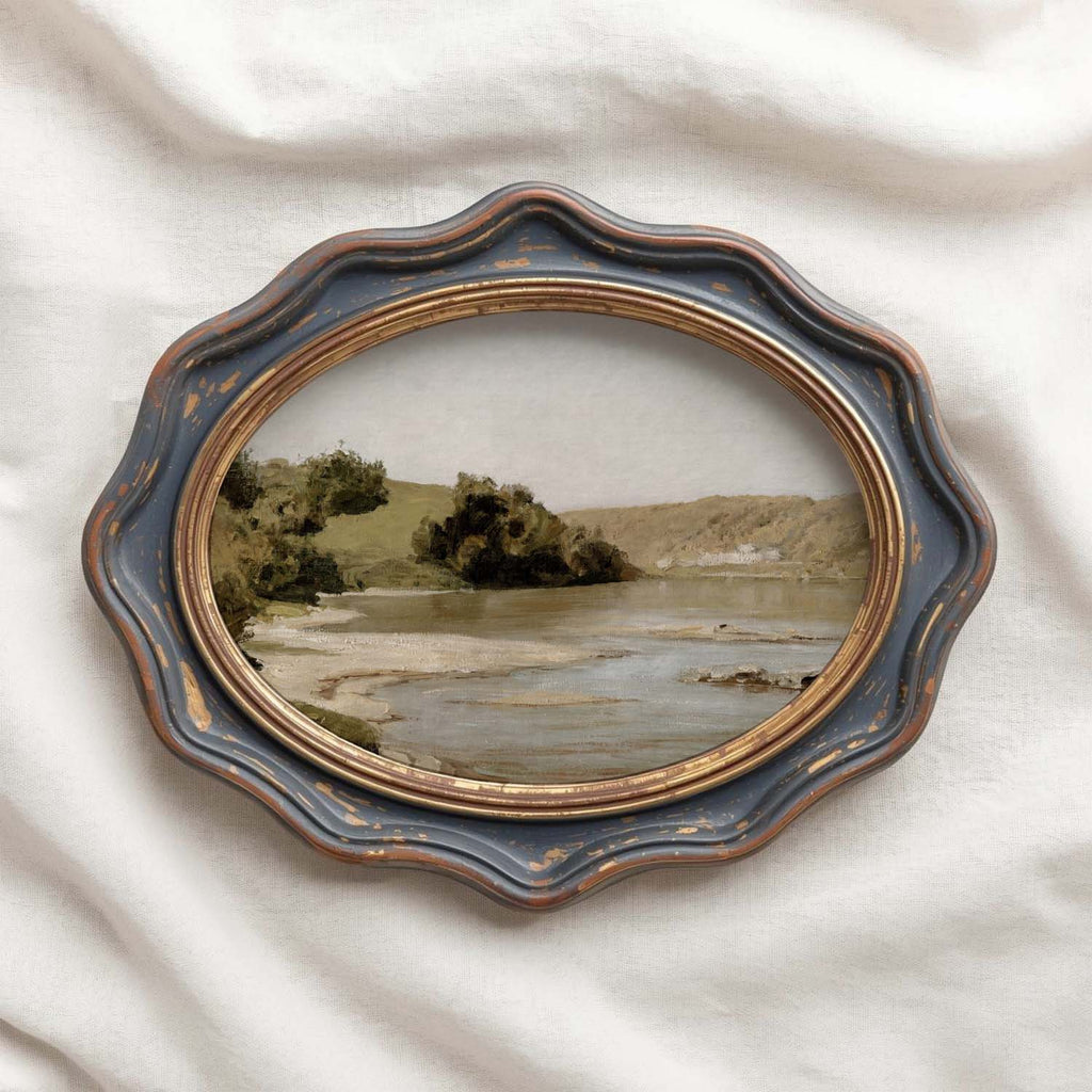 River wall art featuring a softly painted vintage landscape with calm water and distant hills