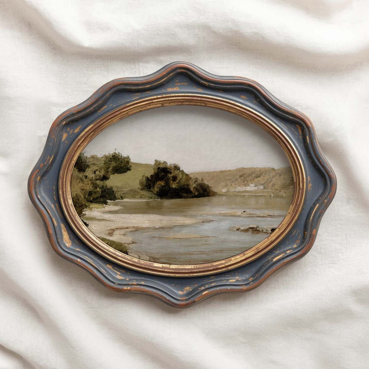 River wall art featuring a softly painted vintage landscape with calm water and distant hills