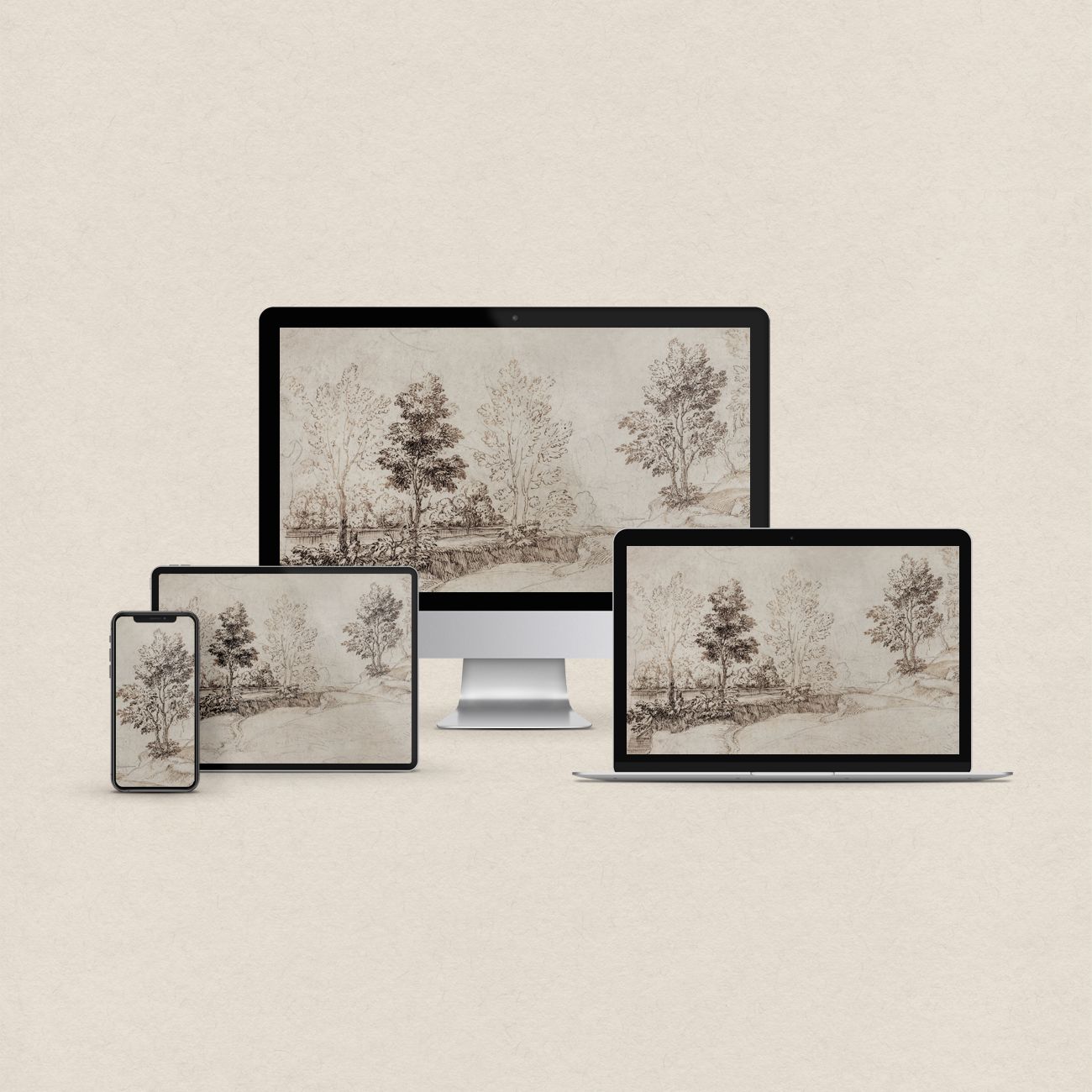 Antique Riverside Tree Etching Wallpaper Bundle – Vintage Neutral Landscape Aesthetic for iPhone iPad Desktop